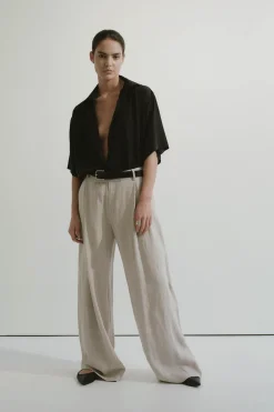 Pants*St. Agni Linen Overlap Waist Trousers - Natural