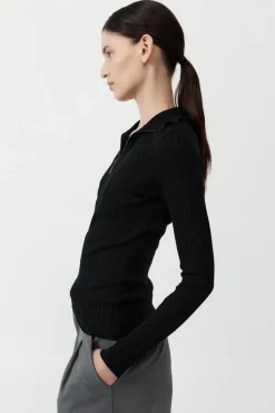 Knitwear*St. Agni Zip Front Top - Black